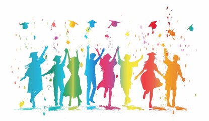 Wall Mural - A silhouette of students celebrating their graduation on a white background with a colorful palette Generative AI