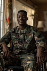 Wall Mural - Black man in a military uniform sitting in a wheelchair smiling at the camera, with a living room background