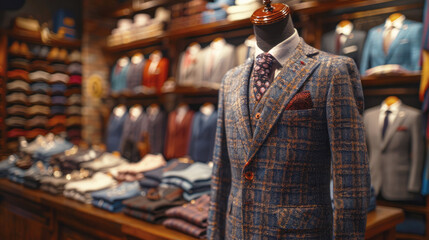 Fashionable mannequin demonstrating a classic men's suit in a respectable showroom, store, men's clothing tailoring studio.