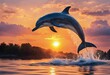 dolphin jumping into the sunset