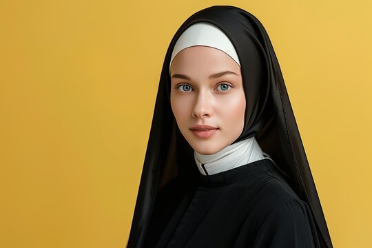 Young nun on yellow background