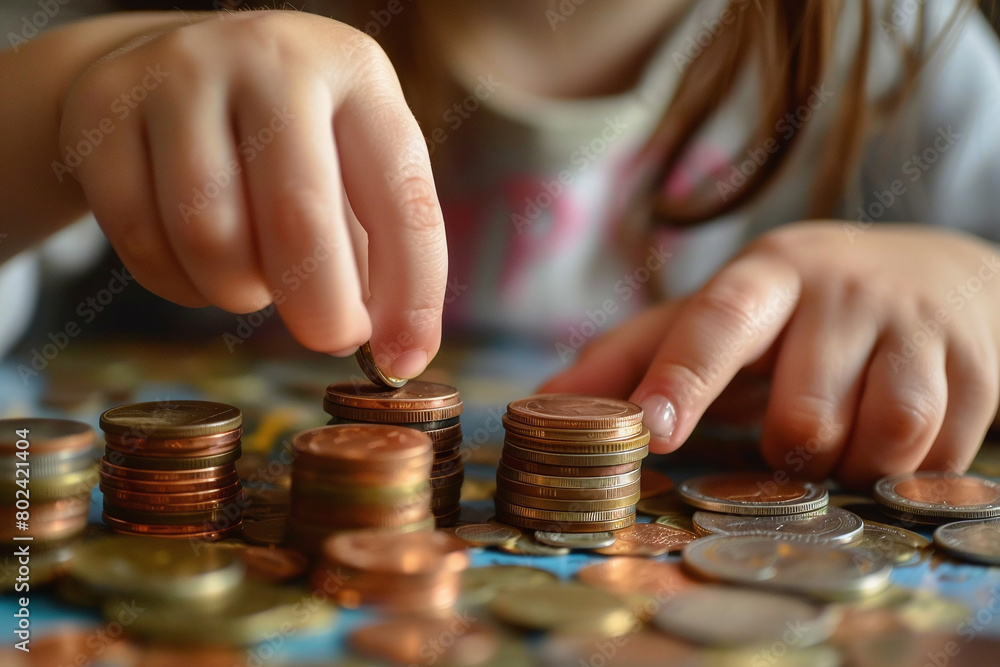 child holding and stacking up coins, close up on money, kid learning ...