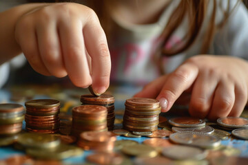 child holding and stacking up coins, close up on money, kid learning about finance and economy, children saving up concept, coin stacks