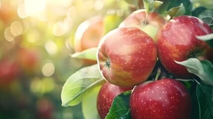 Canvas Print - Fresh ripe red apples hanging on branches in sunlight. Natural organic produce on tree. Harvesting fruits in orchard. Healthy eating concept. AI