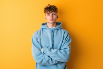 Wall Mural - Young attractive man in sweatshirt on yellow background
