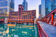 Chicago Downtown Cityscape with Chicago River at Dusk