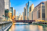 Fototapeta Nowy Jork - Chicago Downtown Cityscape with Chicago River at Sunset