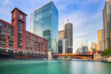 Fototapeta Nowy Jork - Chicago Downtown Cityscape with Chicago River at Sunset