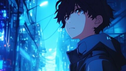 Wall Mural - AI generated illustration of a cyberpunk boy with short black hair and brown eyes