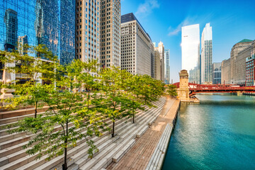 Wall Mural - Chicago Downtown Cityscape with Chicago River at Sunrise