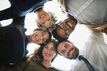 Aufkleber - Business people, huddle and face with smile together for company support, trust and collaboration. Happy and diverse group circle with team building for success with corporate mission or target