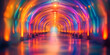 Neon Glow Curved Corridor. Abstract colorful tunnel with neon lights