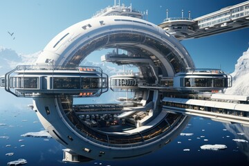 Futuristic space station. Against the background of the blue sky of a pond and rocks..