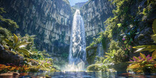 A Towering Waterfall Cascading Down A Sheer Cliff Face, Its Crystal-clear Waters Sparkling In The Sunlight As They Plunge Into A Tranquil Pool Below, Surrounded By Lush Vegetation And Vibrant Flowers