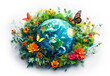 Global Biodiversity: Earth's Floral and Faunal Harmony. Flowery and diverse world map with a variety of animals and plants.International Day for Biological Diversity 22 may
