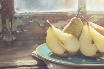 Wall Mural - Yellow ripe pears in plate on wooden table