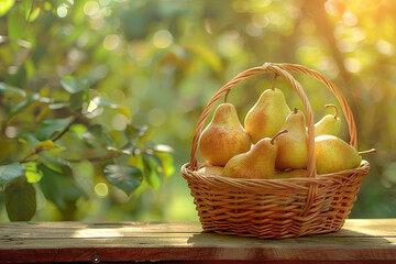 Wall Mural - Red pears in basket on blurred background