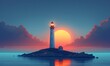 Lighthouse on a Rocky Island at Sunset with Radiant Sky and Reflective Sea