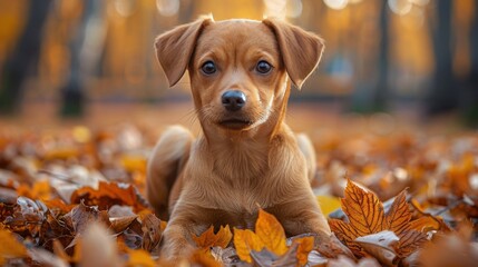 Wall Mural - A brown dog is sitting on a pile of leaves