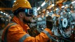 © Piyaphorn - A construction worker using augmented reality glasses to access real-time data and instructions while assembling complex machinery on-site.
