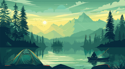 Wall Mural - Tranquil Lake Fishing Scene at Sunset, Vector Illustration of Fisherman in Boat