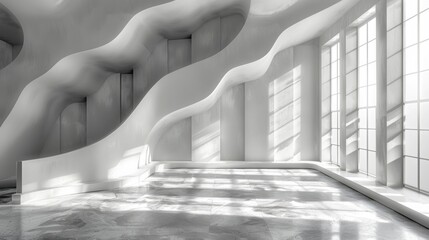 Wall Mural - An intricate white wavy structure creates a futuristic and artistic interior space with contrasting light