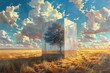 A surreal scene of a cube encapsulating a single tree amidst golden field under a cloud-filled sky, evoking peace and introspection