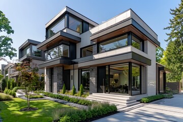 Wall Mural - modern house with a lot of windows and a lot of grass and trees in front of it and a walkway leading to the front door