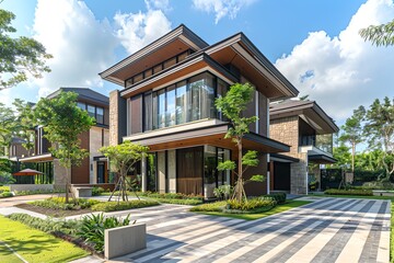 Canvas Print - large house with a lot of windows and a lot of grass and trees in front of it and a walkway leading to the front door