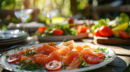 Closeup view of a plate with lightly salted salmon and vegetables on the wooden table in the garden on a sunny day