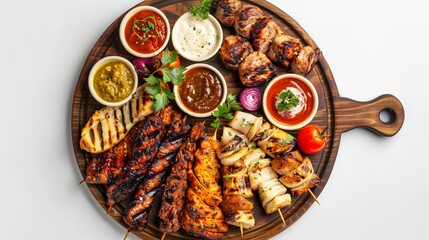 Wall Mural - Top view of an assortment of grilled small sausages beautifully arranged on a wooden platter next to small bowls of different sauces