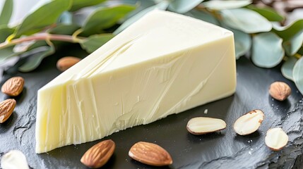 a slice of cheddar cheese placed on a slate plate, surrounded by white chocolate and raw almonds, against a moody dark grey backdrop with eucalyptus leaves adding a touch of freshness.