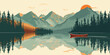  Reflections on a Forested Lake at Sunset, Canoe on Calm Water with Mountain Backdrop