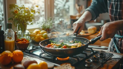 Wall Mural - the meticulous preparation of breakfast in a kitchen, with individuals cooking and arranging food amidst natural morning ligh