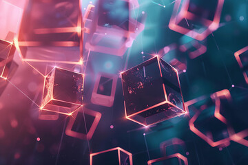 Wall Mural - horizontal illustration of glowing geometric shapes and connections in a futuristic technology conte
