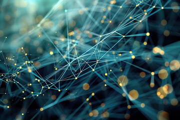 close up horizontal image of glowing connected network of dots and lines in a futuristic technology 