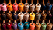 Multicolored yarn spools used in textile industry. Set of colored threads for sewing on coils. Pile of big colorful spools of thread. Colored thread spools of thread large class, textiles, background.