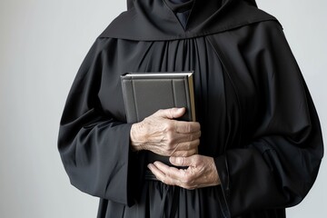 Wall Mural - Young priest holding bible book on grey background