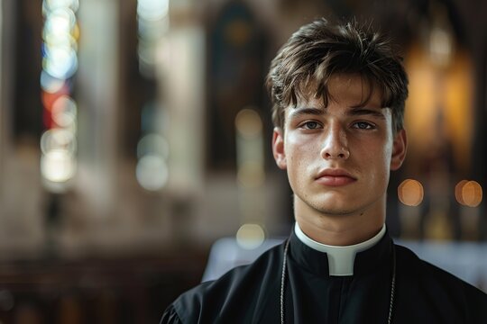 Young priest on blurred church background