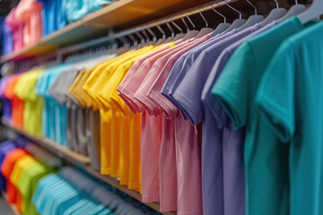 Row of many colored T-shirts in pastel tones in clothing rack in store, selling variety of stylish, fashionable casual clothes hanging on hanger