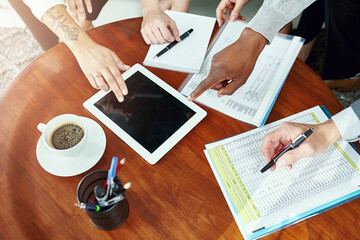 Wall Mural - paperwork, hands and tablet in workplace with spreadsheet, notebook and teamwork at desk for researc