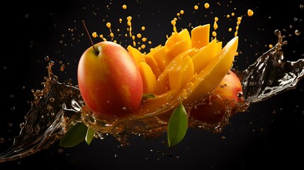 Wall Mural - Water splash with fresh peach fruit on a black background. 3d rendering