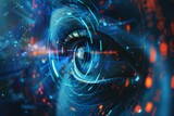 Hacker or AI robot eye in dark tech space, cyborg vision on digital background. Concept of cyber security, technology, future, data, artificial intelligence, hack, network