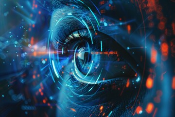 hacker or ai robot eye in dark tech space, cyborg vision on digital background. concept of cyber sec