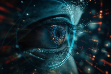 Wall Mural - hacker or ai robot eye in dark tech space, cyborg vision on digital background. concept of cyber sec