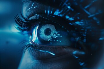 Wall Mural - hacker or ai robot eye in dark tech space, cyborg vision on digital background. concept of cyber sec