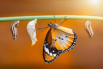 Wall Mural - Amazing moment ,Large tropical butterfly hatch from the pupa and emerging with clipping path.  Concept transformation of Butterfly