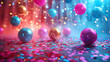 birthday background with confetti rain and ballons 