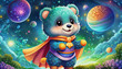 oil painting style CARTOON CHARACTER CUTE baby bear super hero, space and planets with cosmos star galaxy dust