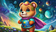 oil painting style CARTOON CHARACTER CUTE baby bear super hero, space and planets with cosmos star galaxy dust